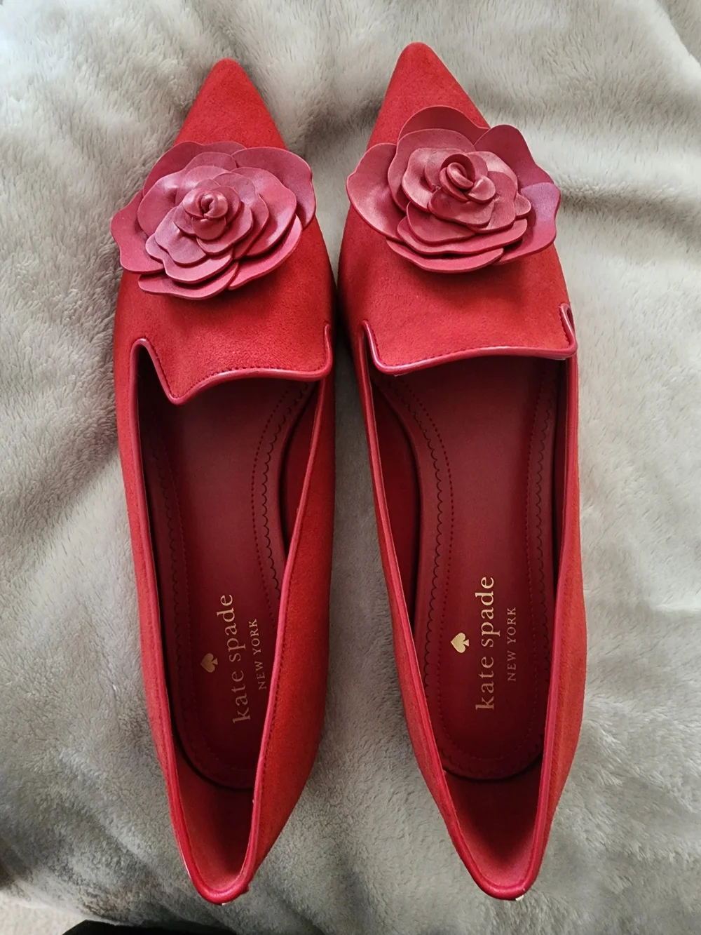 kate spade Red Suede Pointed Toe Flats with Floral Applique